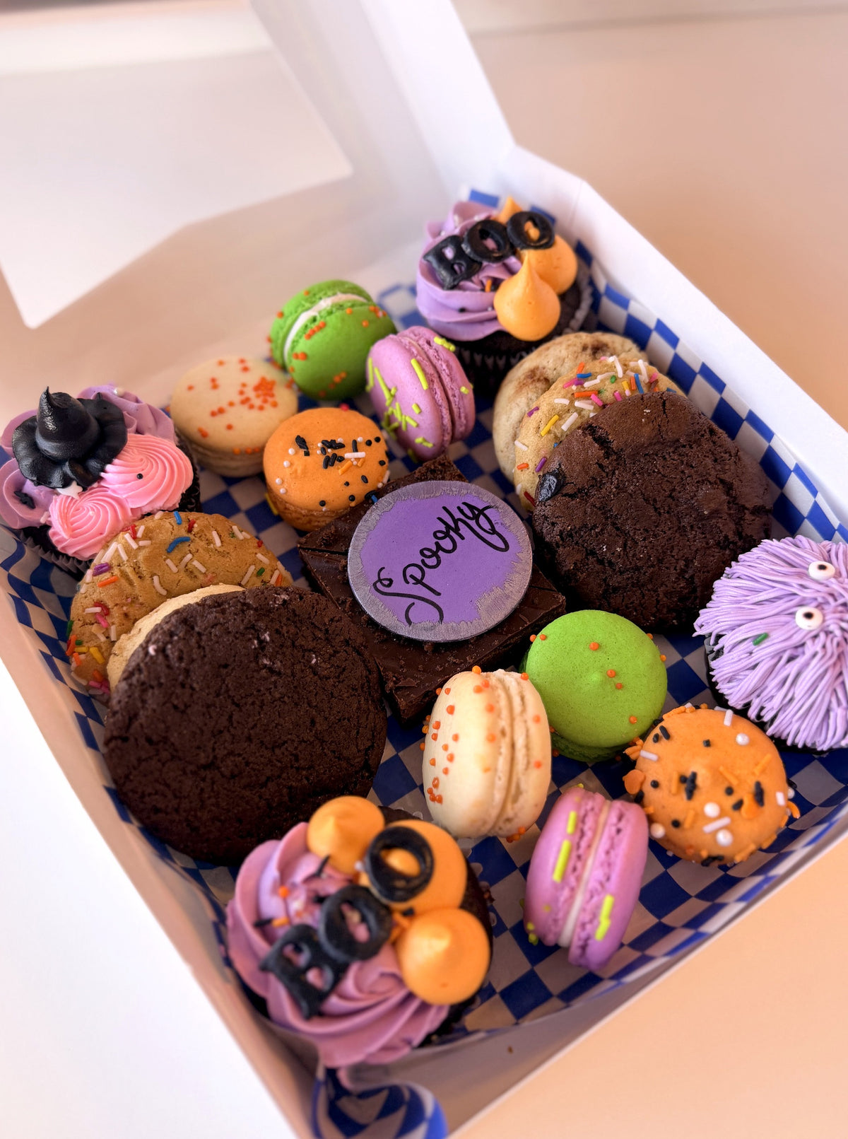 Large Halloween grazing box with cupcakes, macarons, cookies and brownies
