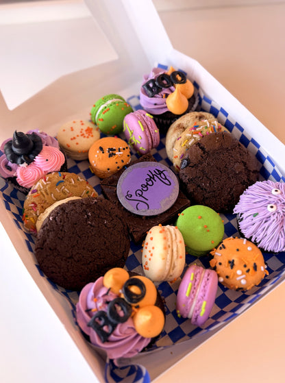Large Halloween grazing box with cupcakes, macarons, cookies and brownies